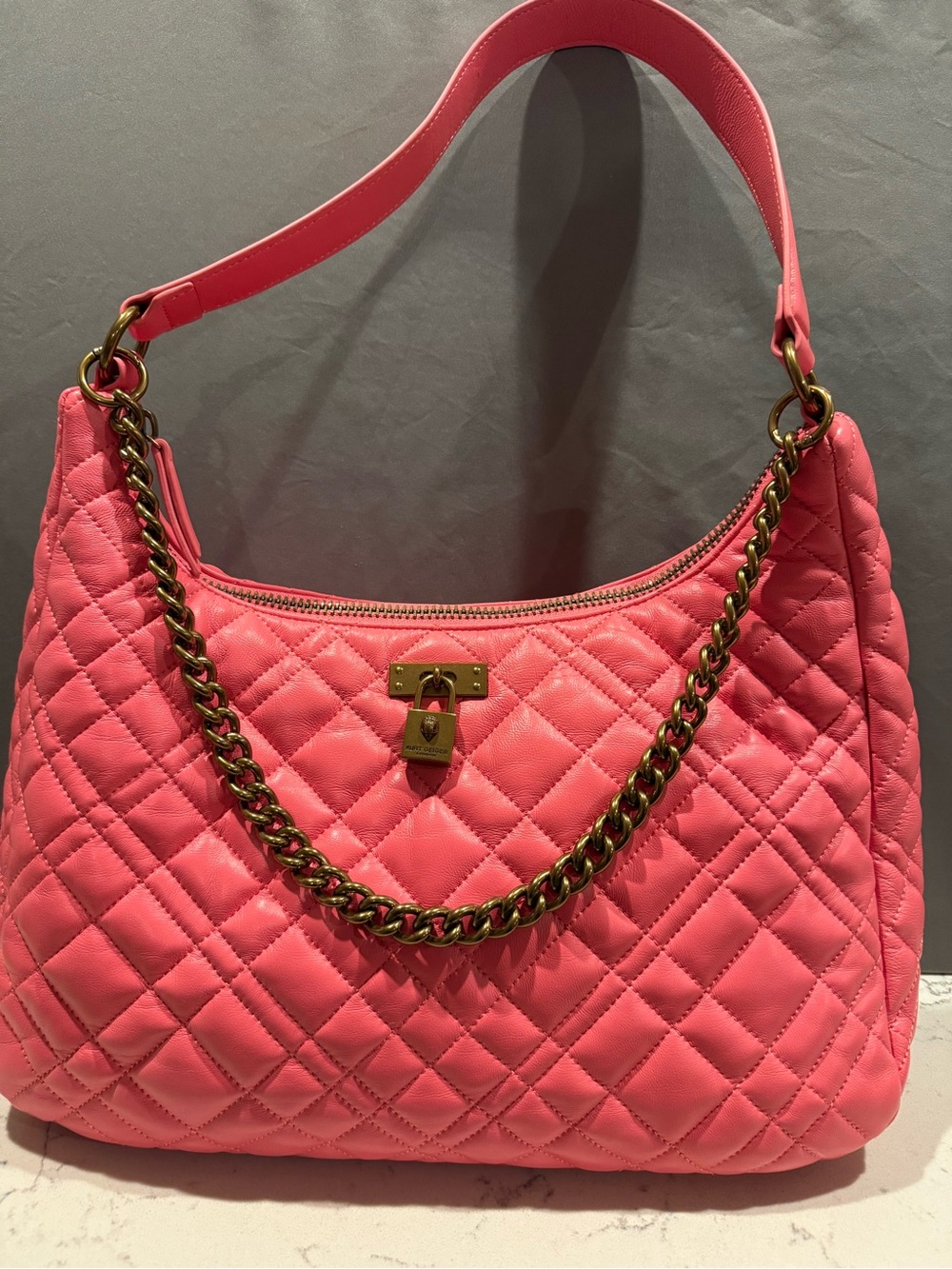 Kurt Geiger Quilted Shoulder Bag - Hot Pink with Gold Chain